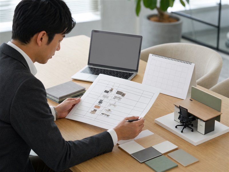 レンタル家具の利用期間と在庫を検討する担当者